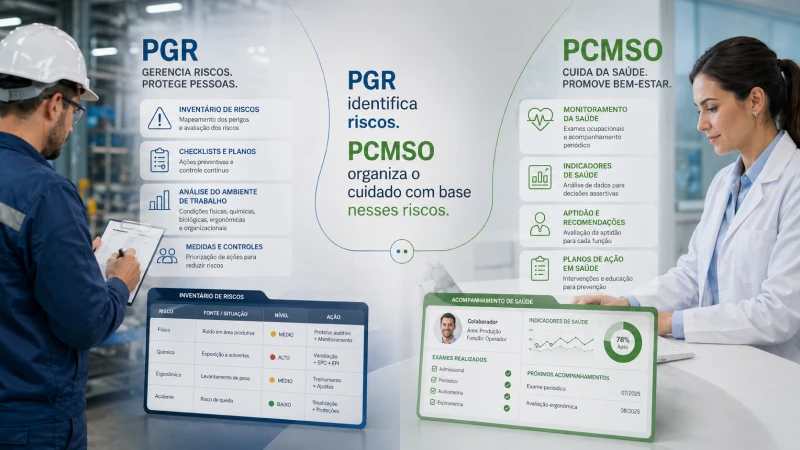 Ilustração corporativa mostrando a conexão entre o inventário de riscos do PGR e o acompanhamento médico ocupacional do PCMSO