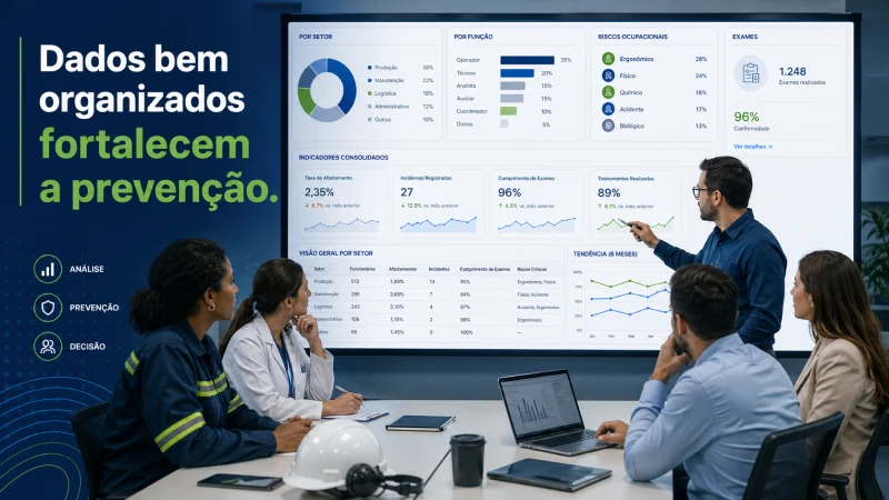 Equipe técnica analisando painel com dados de riscos ocupacionais, exames e indicadores de saúde ocupacional