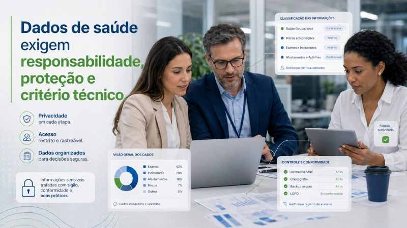 Profissionais analisando dados ocupacionais de forma segura, com foco em proteção, privacidade e responsabilidade técnica