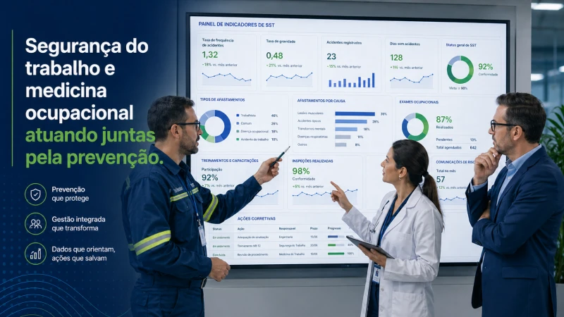 Profissionais de segurança do trabalho, medicina ocupacional e gestão empresarial analisando indicadores de saúde e segurança do trabalho